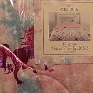 NWB/Kids Rule 2pc Pink & Blue Cotton Candy Twin Quilt Set With Metallic Unicorns